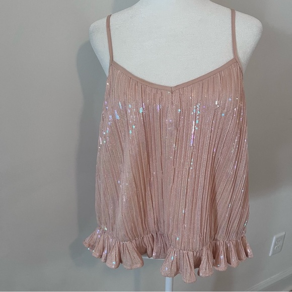 Anthropologie Powder Pink Sequin Spaghetti Strap Ruffle Hem Blouse |S| - Picture 3 of 8